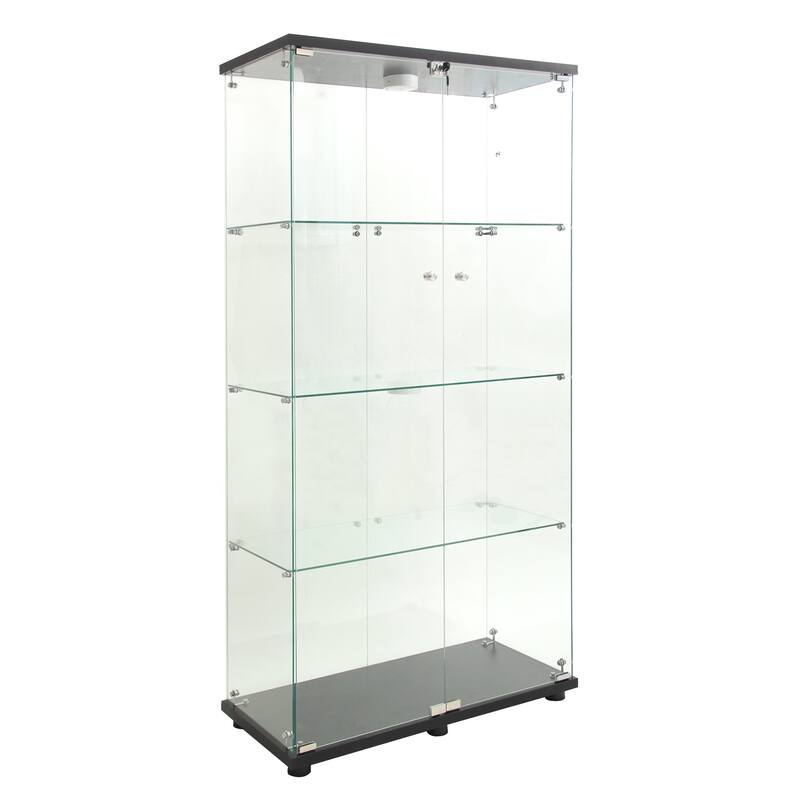 LED Lights Glass Display Cabinet w/2 Doors & 4 Tier Storage Shelves, Floor Standing Bookshelf Toy Collectibles Organizers Rack