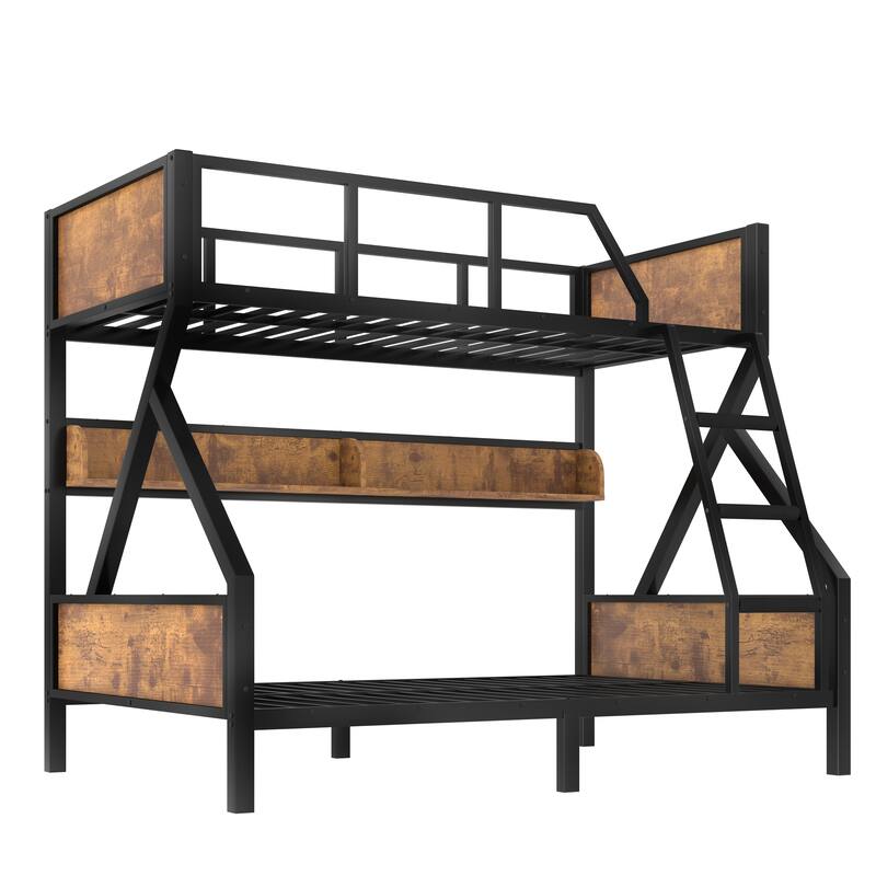 Woodgrain Accents Black Metal Bunk Bed Frame with Built-in Storage Shelves and LED Light Strip for Guest Rooms, Dorms