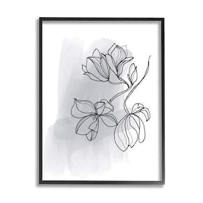 Stupell Lily Floral Line Drawing over Abstract Brush Pattern Framed Wall Art - Black