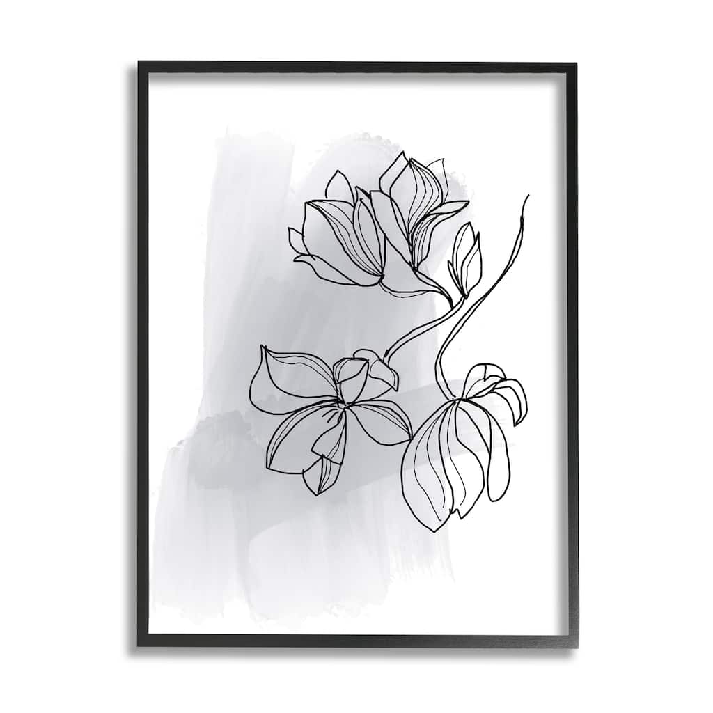 Stupell Lily Floral Line Drawing over Abstract Brush Pattern Framed Wall Art - Black
