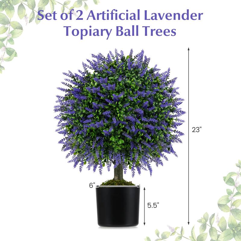 23" Artificial Lavender Topiary Ball Tree Set with Pot Faux Boxwood Shrub for Home Decor