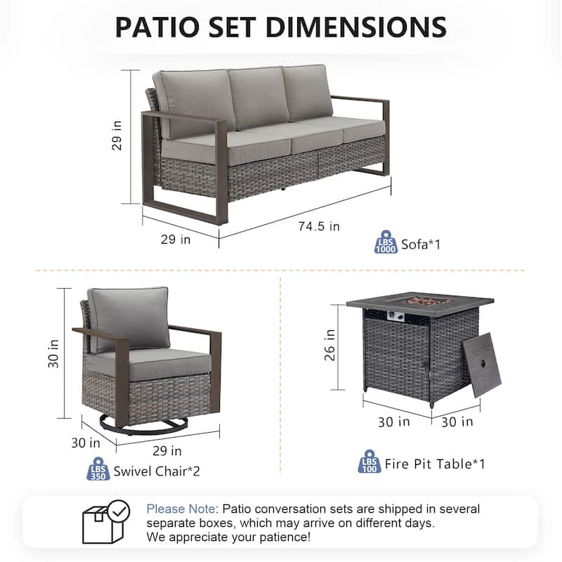Pocassy Outdoor Fire Pit with 3-Seat Sofa Swivel Chairs Patio Furniture Set