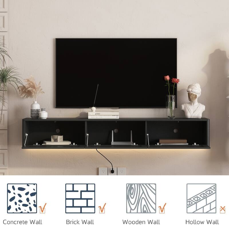 Floating TV Stand, Wall Mounted TV Shelf with Led Lights & Power Outlet,High Gloss TV Cabinet for TV Stands for Living Room