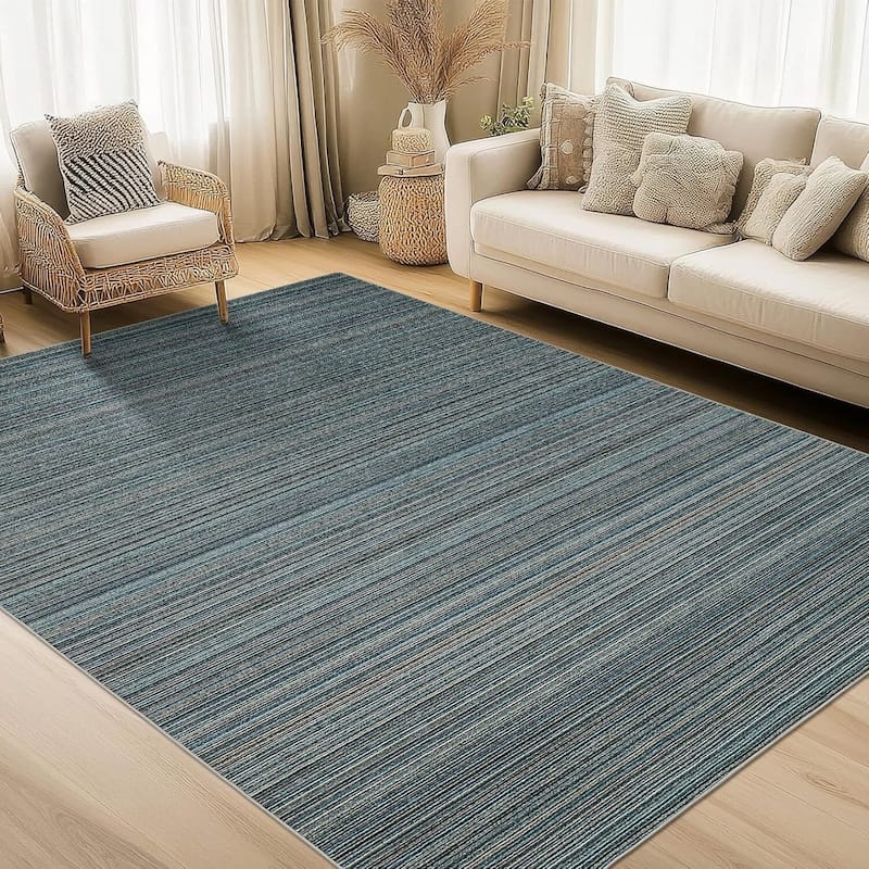 Modern Stripe Machine Washable Area Rug for Bedroom, Living Room, Blue - 1'6" x 2'6" - Blue 10' x 13'