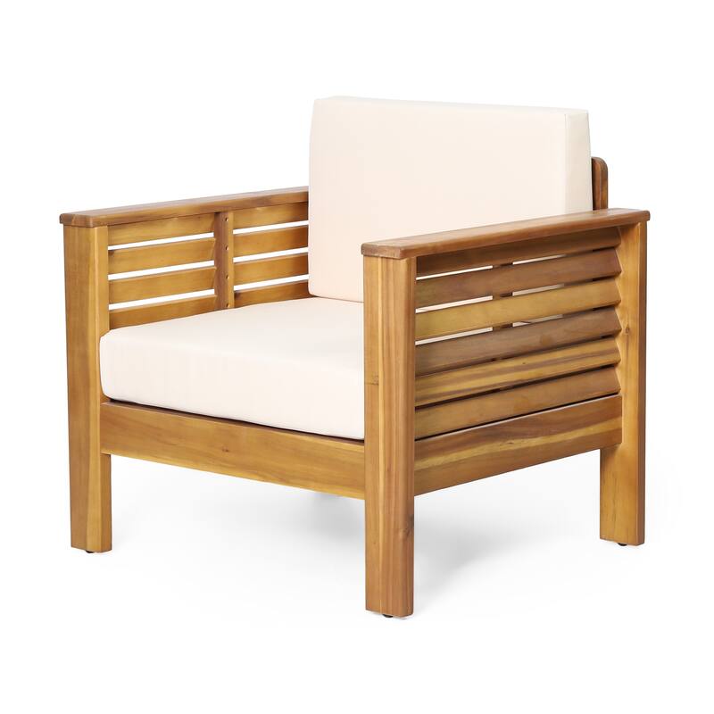 Roomfitters Outdoor Acacia Wood Club Chair with Cushions, Teak Frame and Weather-Resistant Beige Cushions, Ideal for Patio