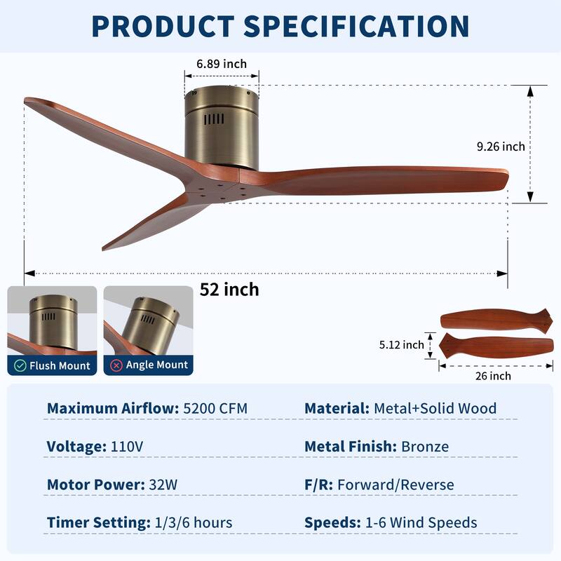 52"Mordern Rustic Elegance Solid Wood Blades Low Profile Flush Mount Ceiling Fan without Light