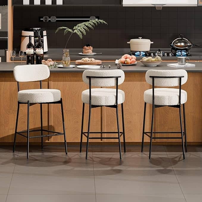 XINMICS 24 Inches Modern Counter Height Bar Stools with Curved Back Metal Legs, Upholstered Boucle Barstools, Set of 2/3/4 - Set of 3 - White - Counter Height
