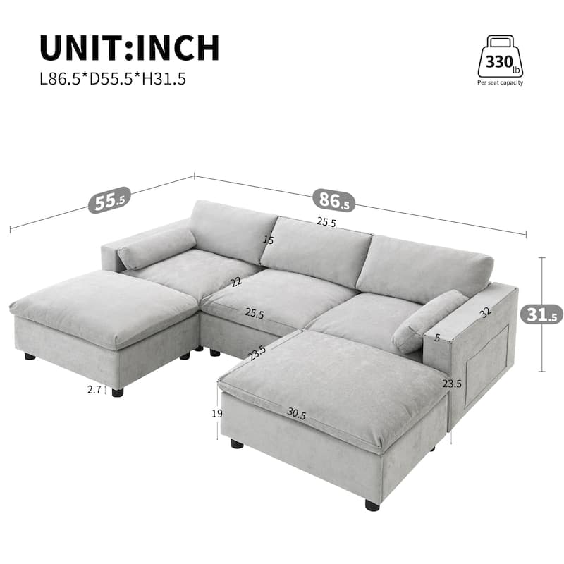 86.5" Chenille Modular Sectional Sofa 5-Seat U-Shaped Couch with 2 Ottomans Storage Pockets and Pillows for Living Room