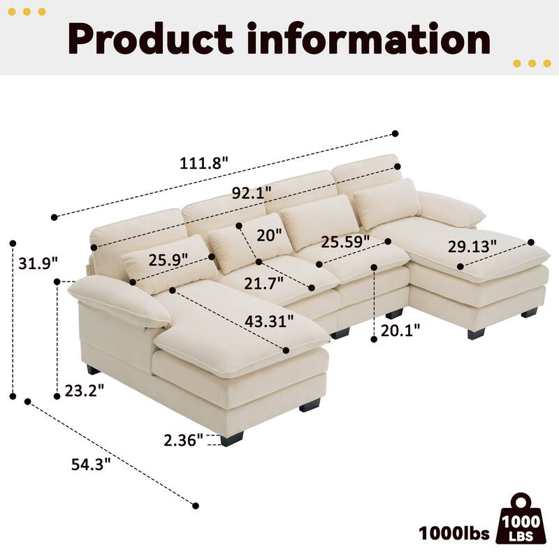 U Shape 111.8"Modern Comfort Combination Sectional Sofa,4-seat Velvet Fabric Upholstered Sofas with Chaise Lounge & Pillows