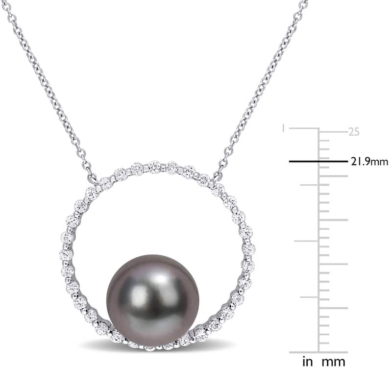 Miadora Tahitian Cultured Pearl & White Sapphire Circle of Life Necklace in 10k White Gold (9.5-10mm)