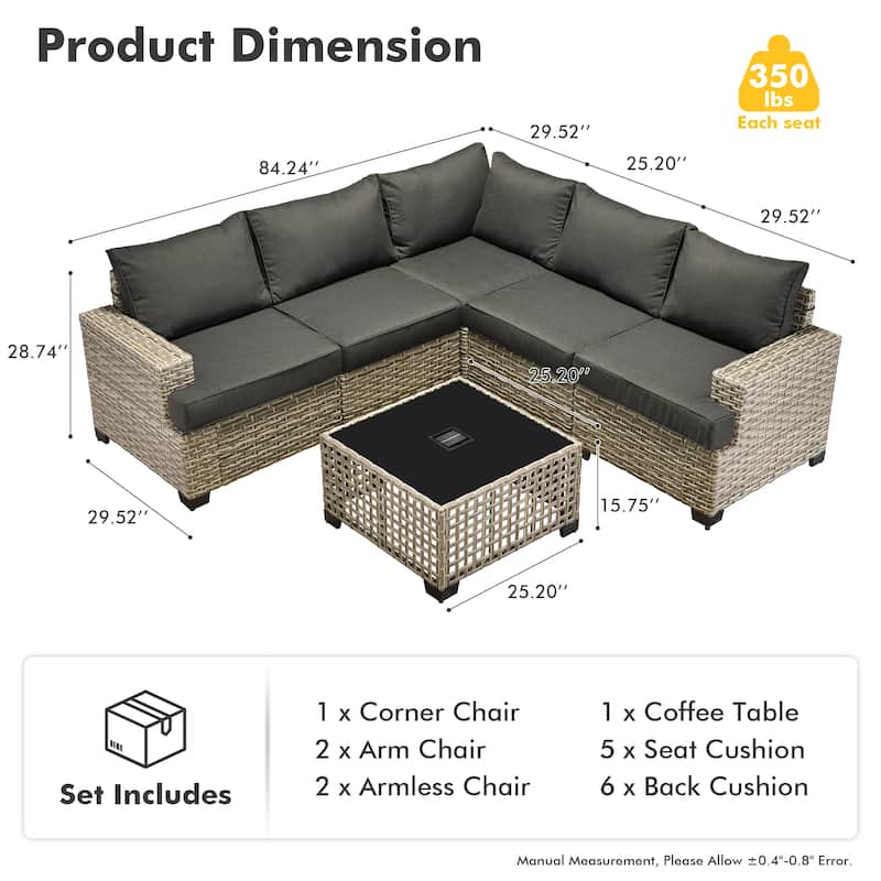 XIZZI 6-Piece Outdoor Wicker Patio Furniture Set with Coffee Table