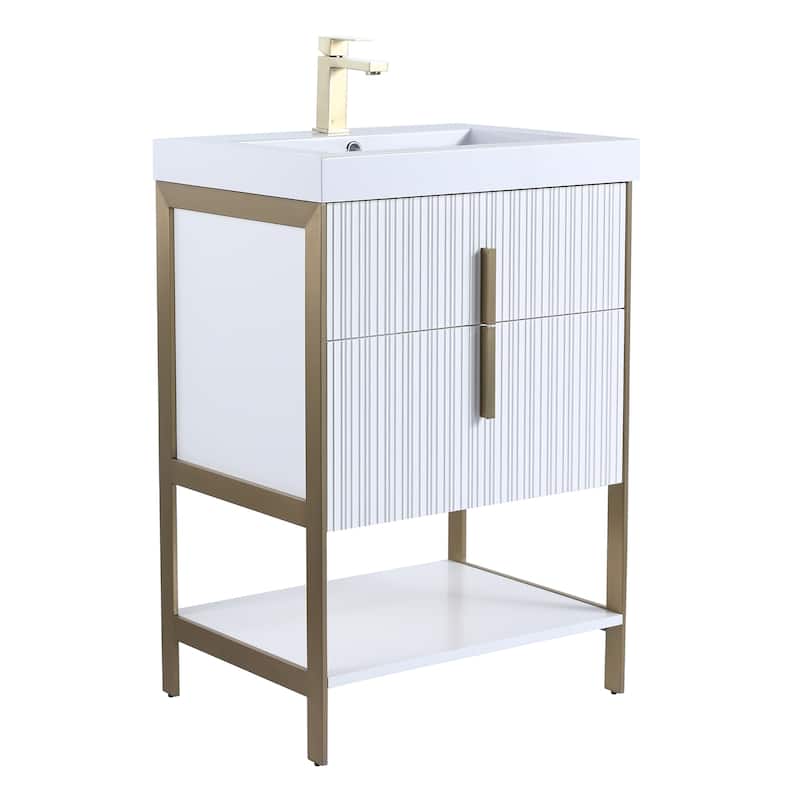 Fine Fixtures Serenity Modern Bathroom Vanity with White Gel Acrylic Top - White Matte - Brass Hardware - 24 inch