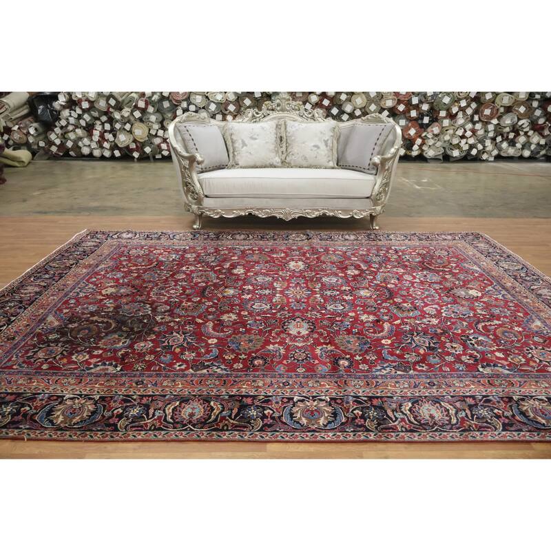 Hand Knotted Oriental 100% Wool Carpet Traditional All-Over Red Mashad Area Rug - 12' 2'' X 8' 11''