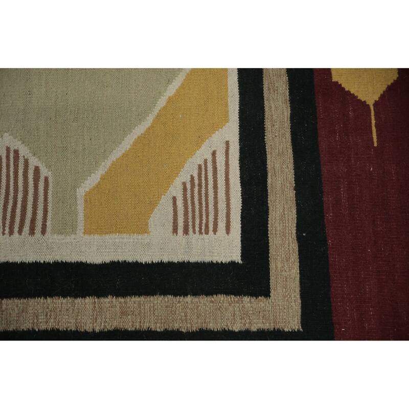 Hand Woven Oriental 100% Wool Carpet Southwestern Tribal Green Kilim Area Rug - 13' 4'' X 9' 7''