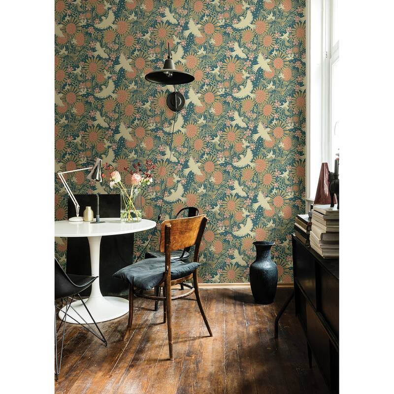 A-Street Prints Dromma Teal Songbirds and Sunflowers Wallpaper