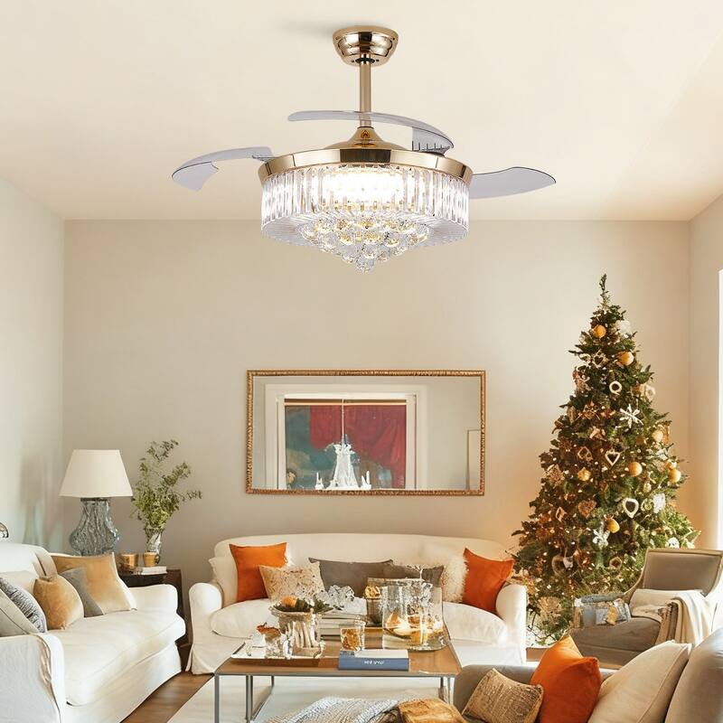 Kviflon 48'' Retractable Ceiling Fan with Lights and Remote 6 Speed, 3 Light Change Retractable Blade Chandelier Ceiling Fan