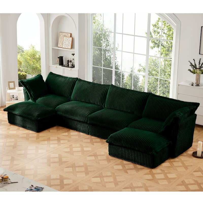 GDFStudio - Slipcovered U-Shaped Corduroy 4-Seater 156.6" Cloud Sofa with 2 Ottomans - Green