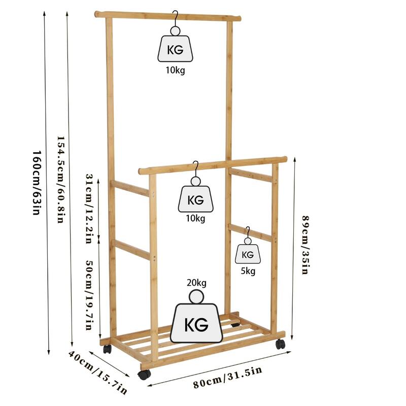 Clothes Rail Rack with Wheels and Wicker Storage Shelves - 31.5” x 15.7” x 63”