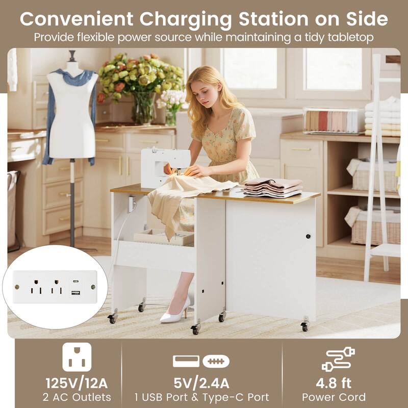 Costway Folding Sewing Table Rolling Craft Station with 3 Storage Bins - See Details