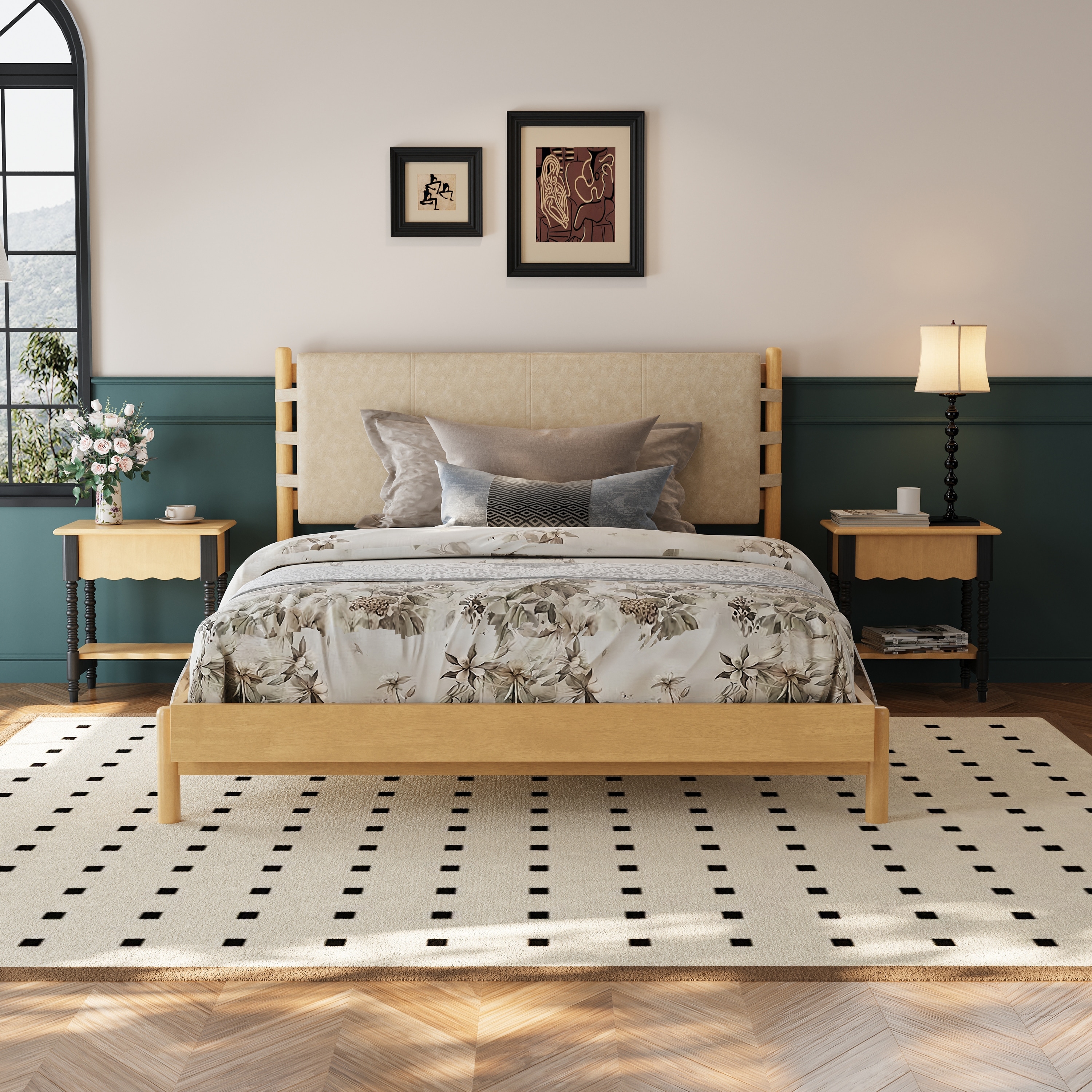 Classic Queen/King Size Platform Bed, Rubber Wood Bed Frame with Upholstered Headboard, Wood Slat Support