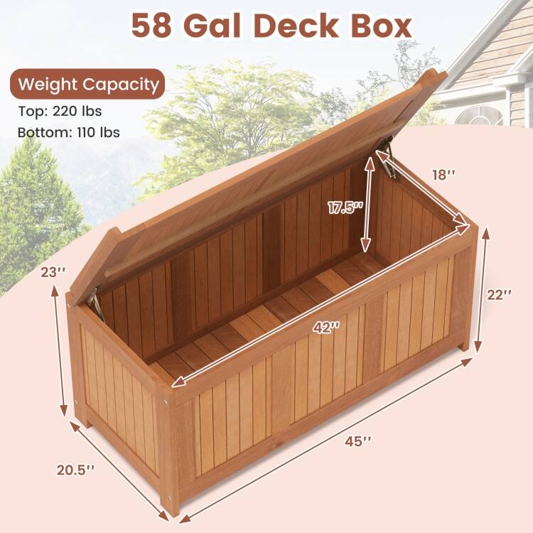 Teak Solid Wood Outdoor Storage Bench 58-Gal Patio Seating Box - 20.5" x 45" x 23"
