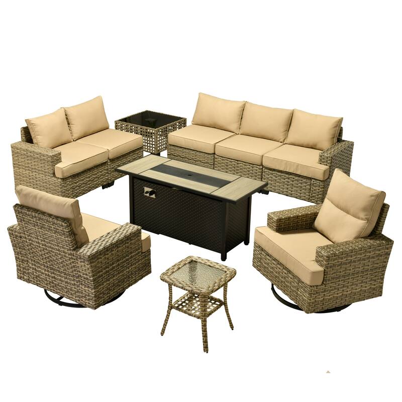 HOOOWOOO 10-piece Rattan Wicker Patio Outdoor Furniture Fire Pit Set with Swivel Rocking Chairs