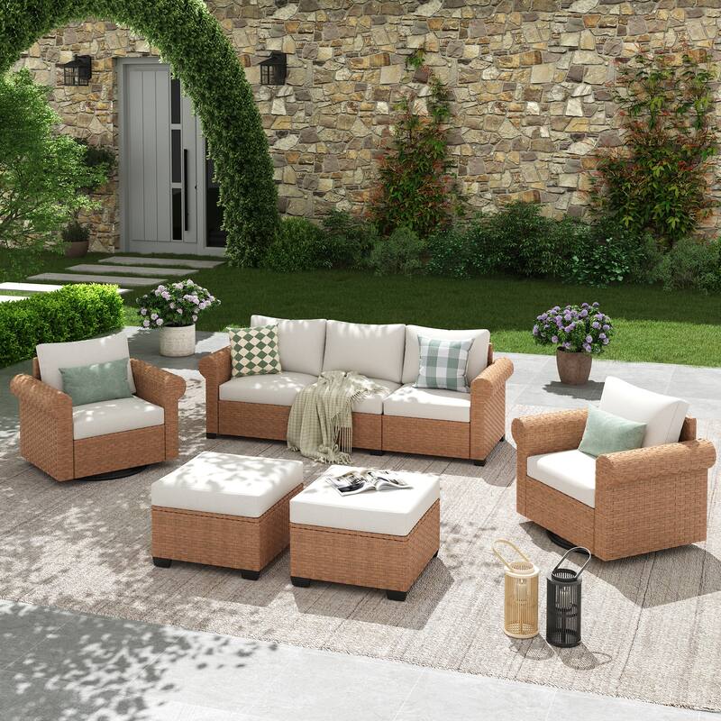 5-Piece Outdoor Garden Patio Sofa Seating Set with Swivel Chair - Beige