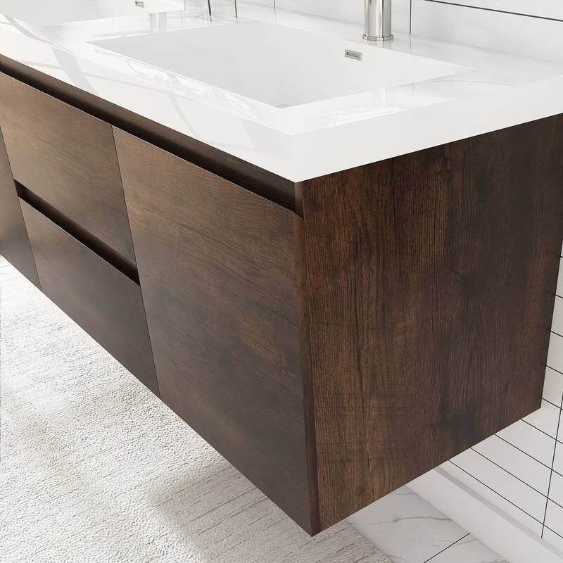 MDF Wall-Mounted Bathroom Vanity Set in Rose Wood with Integrated Culture Marble Sink