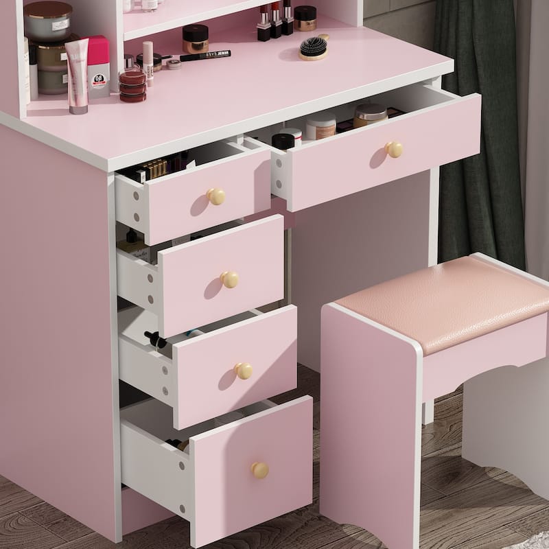 Makeup Vanity Set Dresser w/Mirror Stool 5 Drawers - White/Pink/Black - 31.5"L x 15.7"W x 52"H