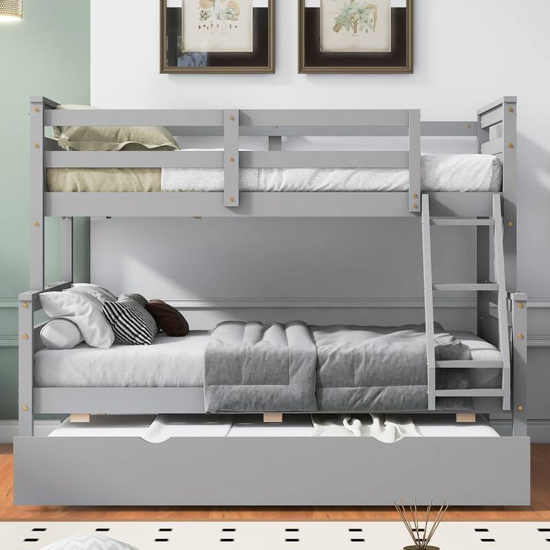 Twin over Full Bunk Bed with Ladder, Trundle, Safety Guardrail, Gray