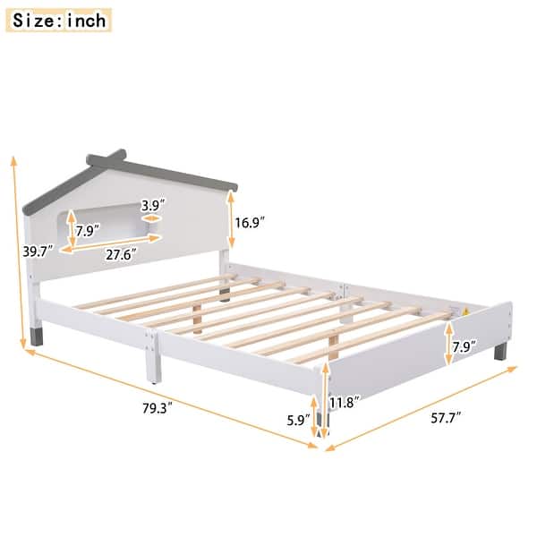 dimension image slide 5 of 6, Wood Bed Frame w/ House-Shaped Headboard & Motion Activated Night Lights for Kids