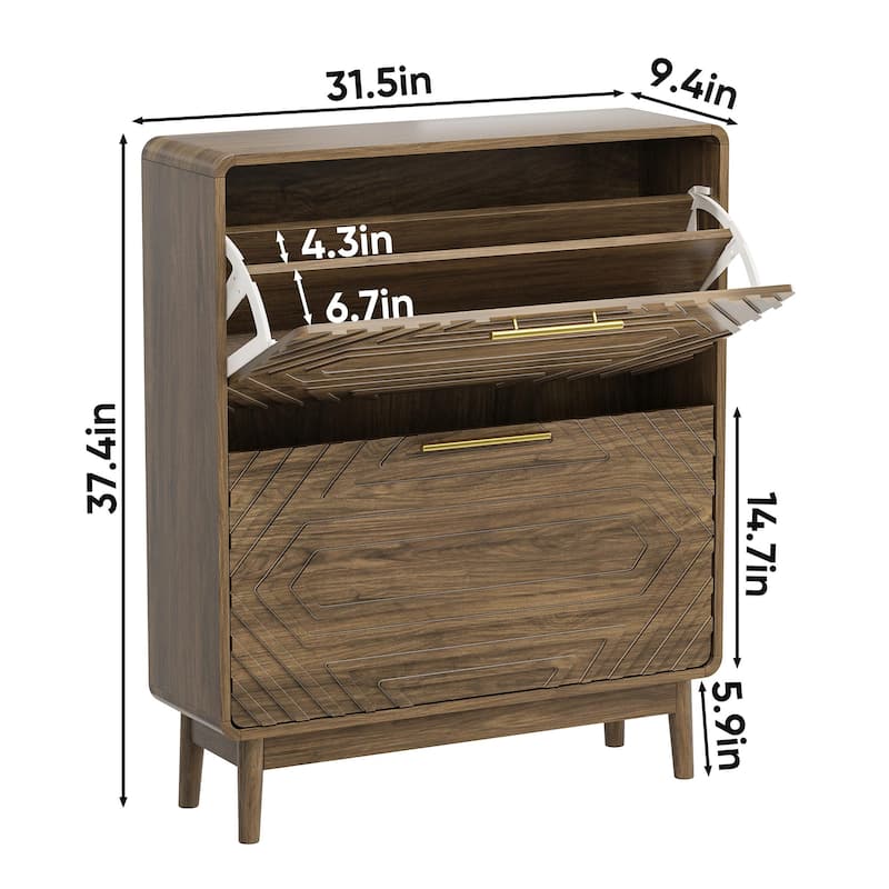 Mid-Century Modern 31.5" Walnut Shoe Cabinet – Freestanding Organizer Equipped With 2 Flip-Top Drawers.