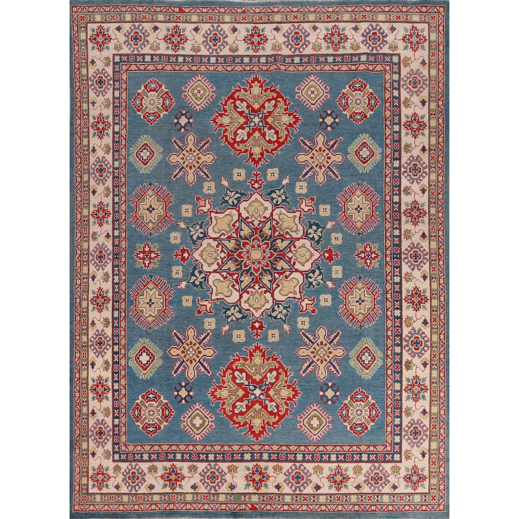 Hand Knotted Oriental 100% Wool Carpet Traditional Medallion Navy Blue & Blues Kazak Area Rug - 9' 11'' X 7' 10''