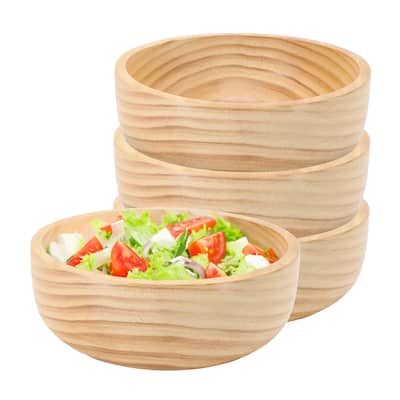 4 Piece 7 Inch Light Acacia Wood Serving Bowl Set For Salads, Snacks, and More