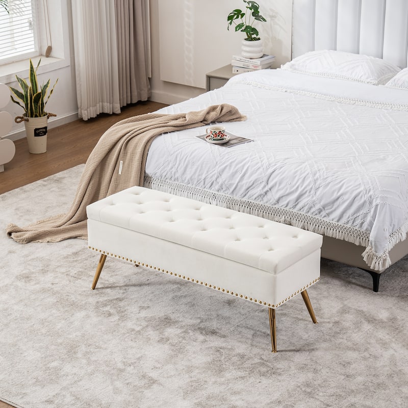Velvet Storage Ottoman Bench with gold legs and Nailhead Trim for Bedroom/End of Bed/Entryway/Window