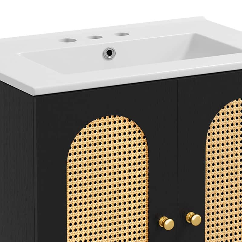Moasis 24" Bathroom Vanity with Ceramic Sink, Rattan Double Door Cabinet and Drawer, Freestanding Solid Wood Legs
