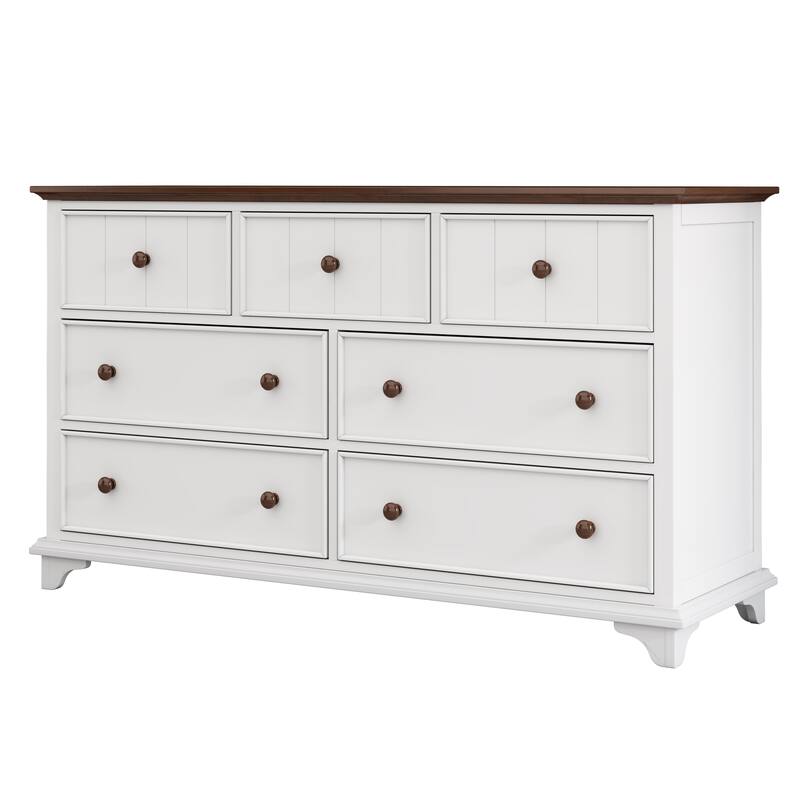 Roomfitters Wooden Captain Seven-Drawer Dresser, Stylish Storage for Bedroom, Living Room, Kids' Room, White and Walnut