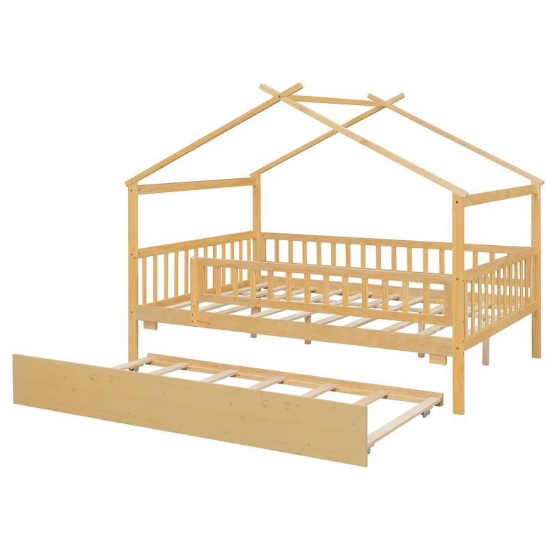 Full Size Wooden House Bed with Twin Size Trundle