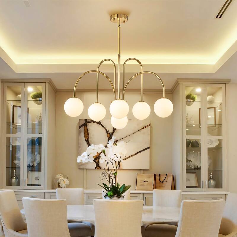 6-Light Modern Linear Sputnik Branch Frosted Glass Globe Chandelier for Dining Room - Brushed Gold