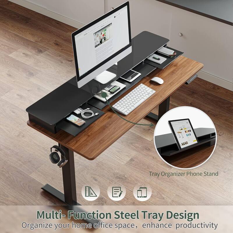 FEZIBO Height Adjustable Glass Electric Standing Desk with Double Drawer, Stand Up Desk with Storage Shelf