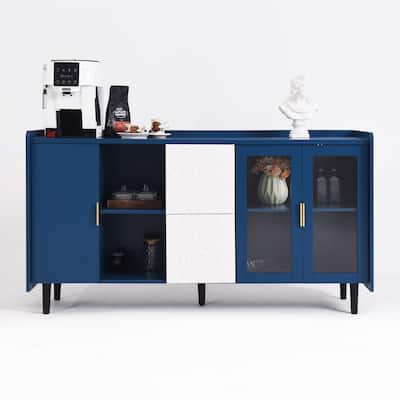 Blue Storage Cabinet Coffee Bar Cabinet Sideboard with 2 Drawers & Glass Doors, Buffet Table TV Console Table Display Cabinet
