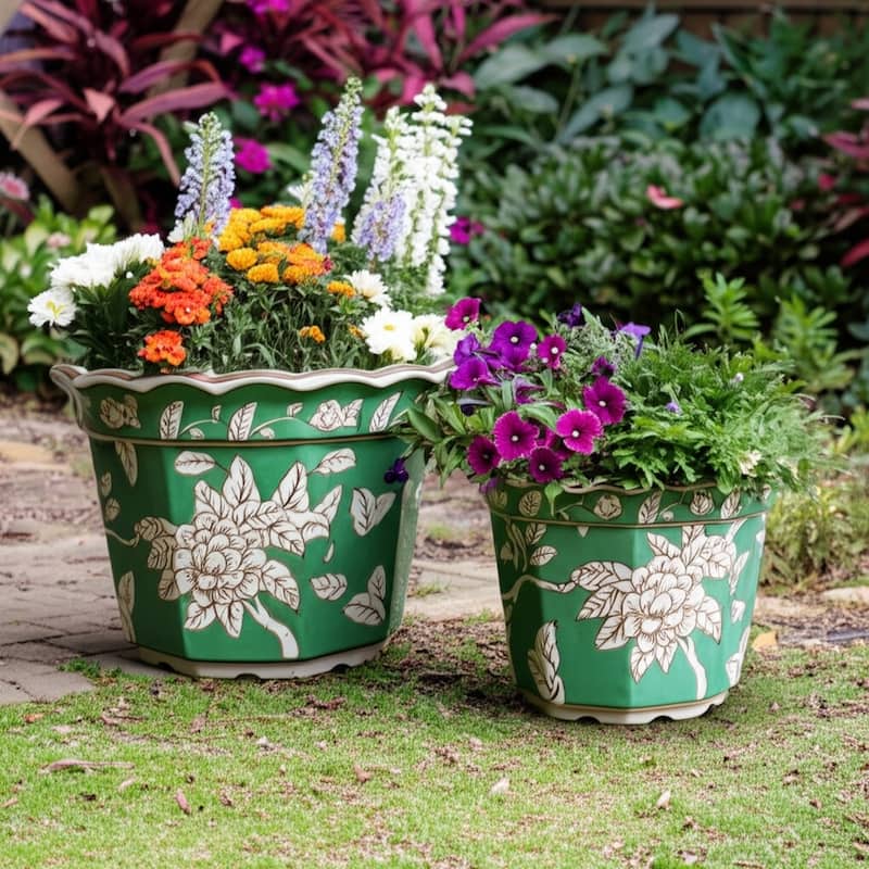 Ceramic Planters Embossed Bird Floral Detailing Scalloped (Set of 2) - 12.25" x 12.25" x 9.5" - Green - 12.25" x 12.25" x 9.5"