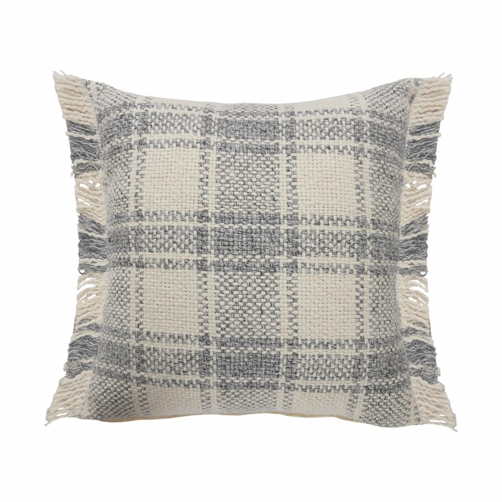 HomeRoots 20" X 20" White And Gray-Blue Polyester Plaid Zippered Pillow
