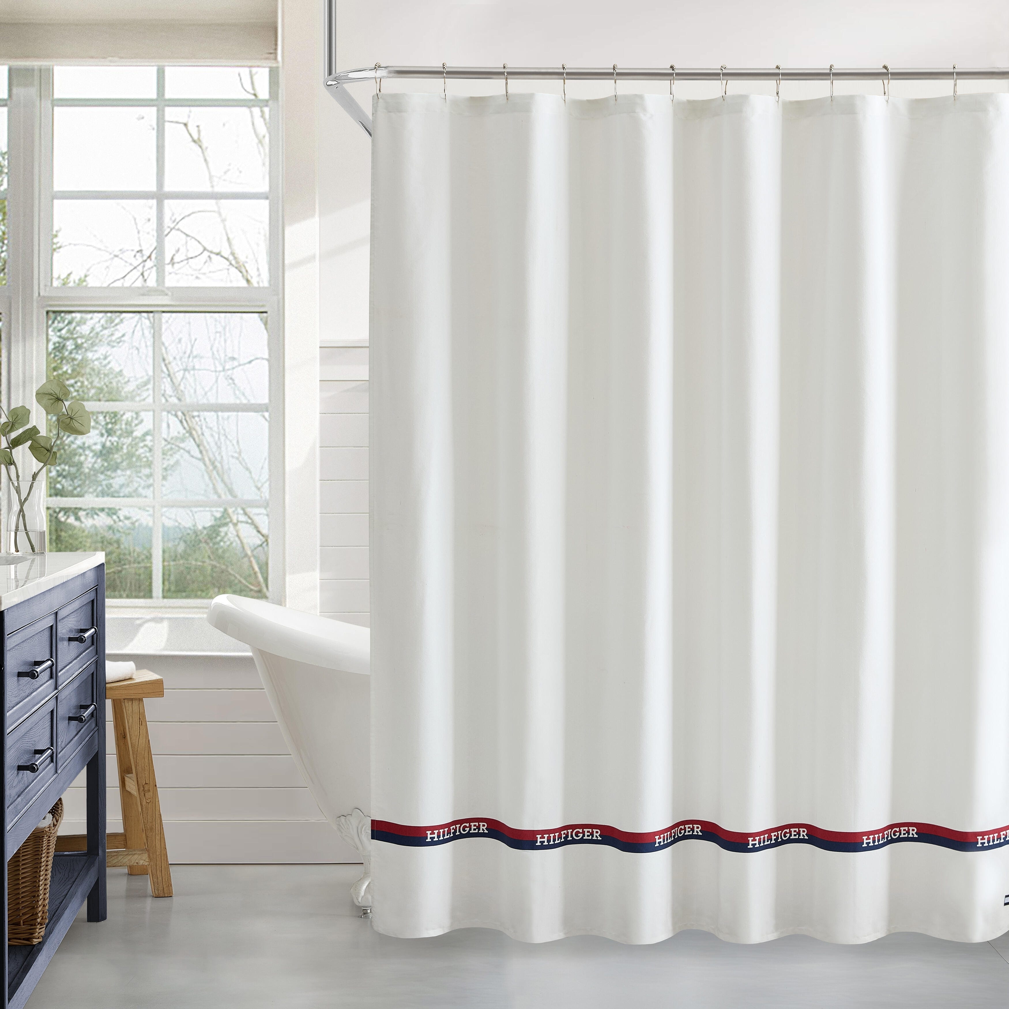 Tommy Hilfiger Logo Stripe Printed Shower Curtain