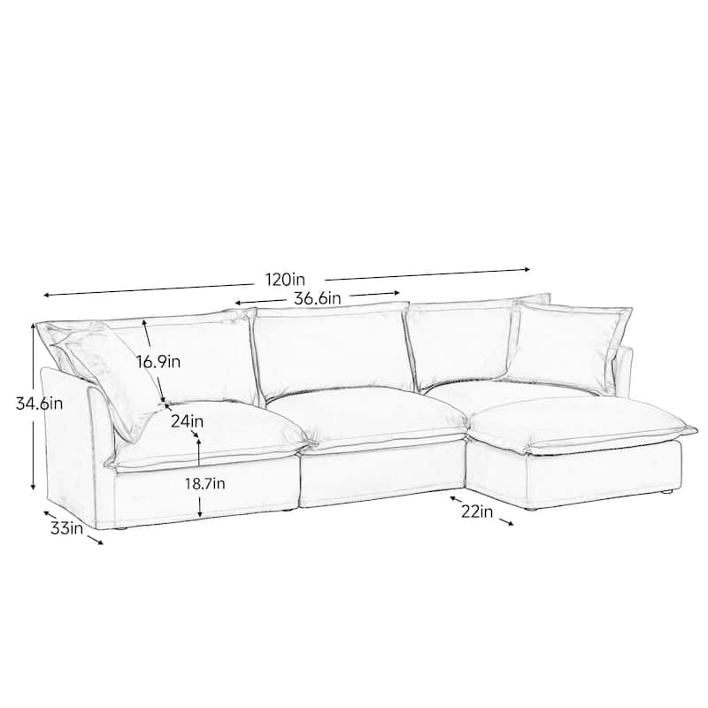 120" Oversized Sectional Sofa Couch w/ Removable Ottoman & 2 Pillows