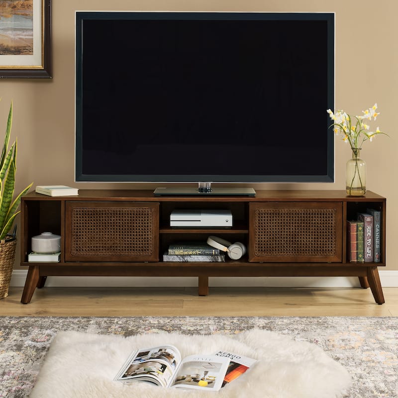 Mid Century Modern Rattan TV Stand Entertainment Center for TVs up to 75", Sliding Doors Television Cabinet TV Console