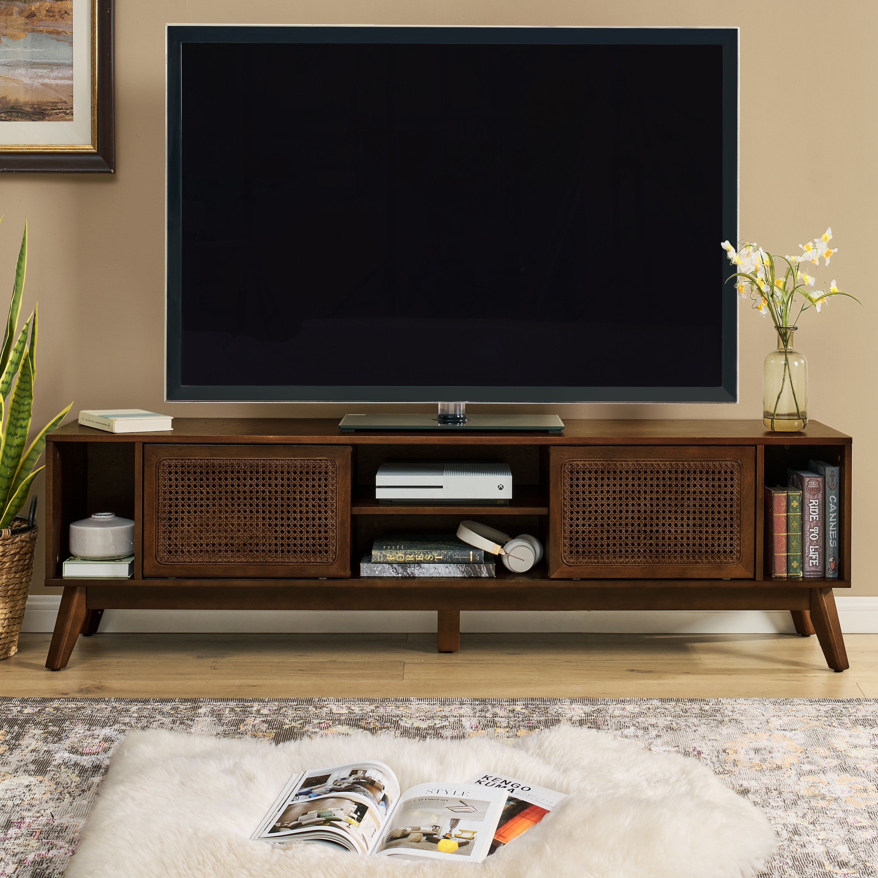 Vintage Rattan TV Cabinet for TVs up to 75", Media Console with Solid Wood Feet and Rattan Cabinet Doors for Living Room