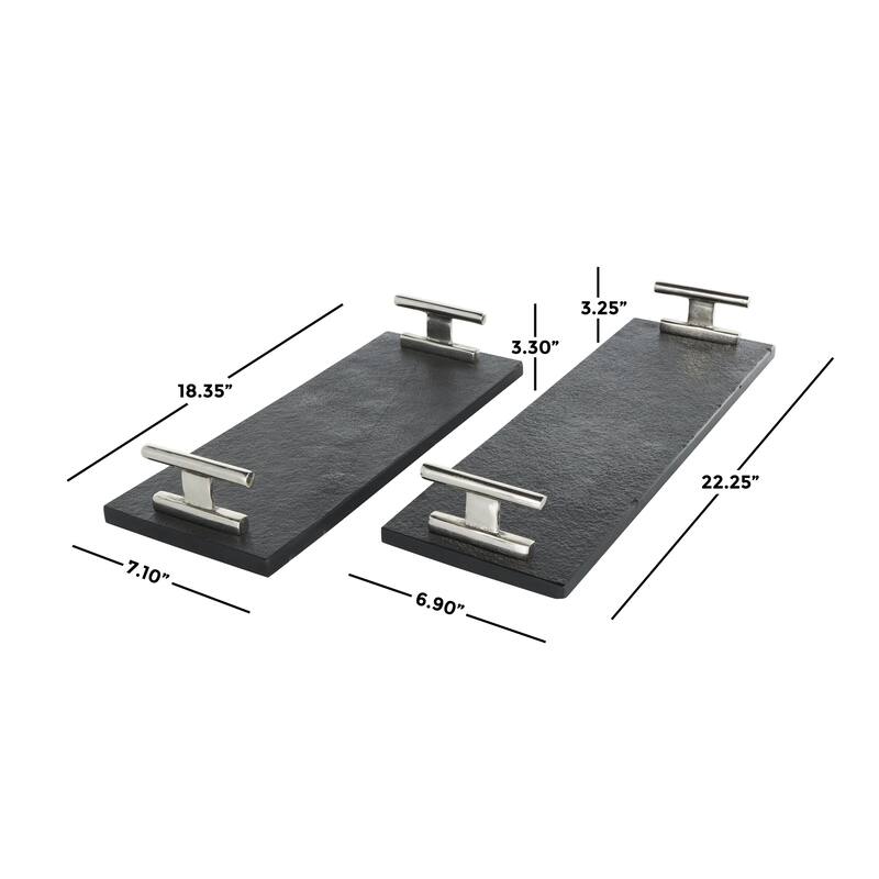 Marble Textured Living Room Decor Tray with Rod Handles - Set of 2 Black - Roche River Decor