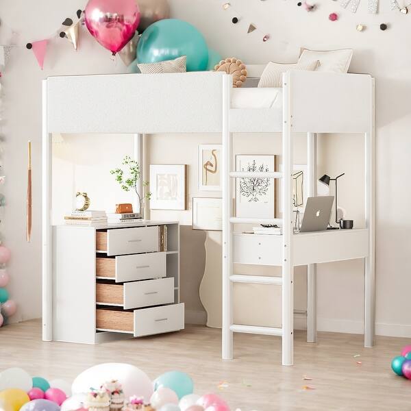 slide 2 of 30, Twin Size Teddy FleeceLoft Bed Wood Bed With Soft Padding,Storage Shelf, Drawers, and Desk,Smooth Rounded Legs,3 Color,White White