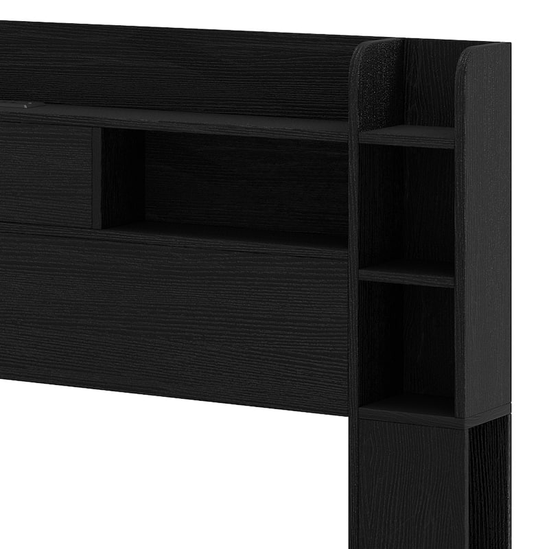 Queen/King Size LED Bed Frame with Bookcase Headboard, 4 Storage Drawers and Charging Station